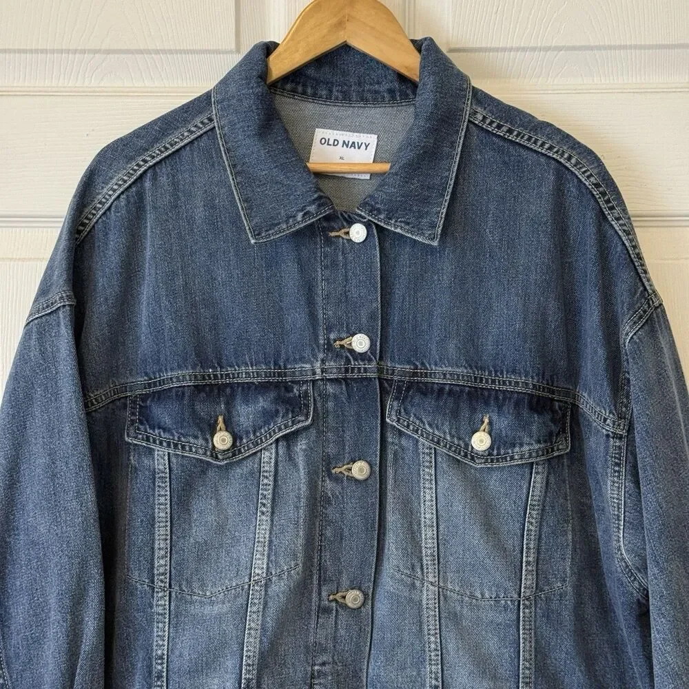 Old Navy Oversized Jean Trucker Jacket Denim Blue Medium Wash Size XL NWOT